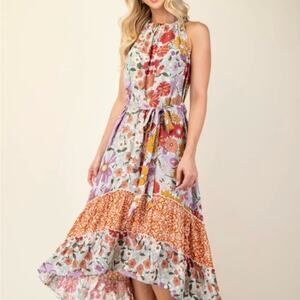 Gigio Floral Halter Dress S EUC Boho Festival Cottagecore Beach Coastal Hippie